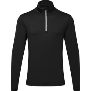 A black long sleeve brushed back 1/4 zip top featuring a reflective zip and a sleek design. It has a logo.