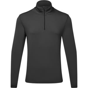 A black long sleeve top with a brushed back texture and a 1/4 zip collar. It features a logo on the chest.