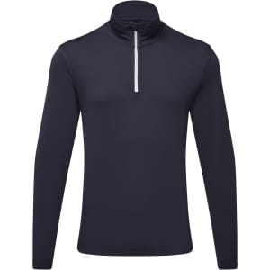 A navy long sleeve 1/4 zip top made from recycled materials, featuring a high collar and a logo.