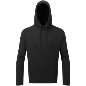 A black hoodie featuring a drawstring hood and long sleeves. It has a plain design with no visible logos.