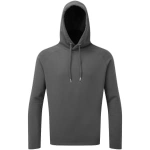 A grey hoodie with a front pocket and drawstring hood. It has a plain design and features a logo.