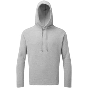 A grey hoodie with a front pouch pocket and drawstring hood. It features long sleeves and a simple design.