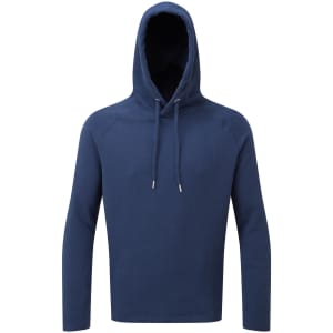 A navy hoodie with a drawstring hood and long sleeves. The garment features a plain design and includes a logo.