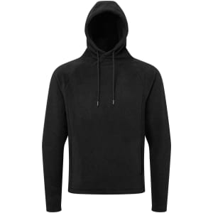 A black microfleece hoodie with a hood and drawstrings, featuring a simple design.