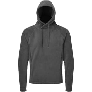 A grey microfleece hoodie with a hood, long sleeves, and a simple design. It features side pockets and a logo.