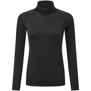 A black long sleeve performance 1/4 zip track jacket featuring a sleek design and a logo.