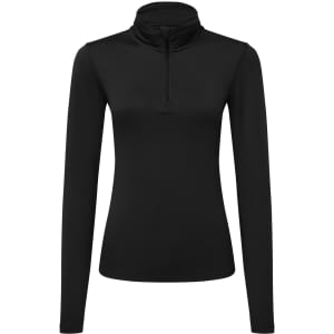 A black long sleeve brushed back 1/4 zip top with a structured collar and fitting design. It has a branding logo.