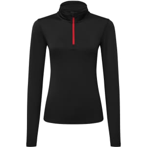 A black long sleeve top featuring a brushed back material and a red 1/4 zip. It has a logo on it.