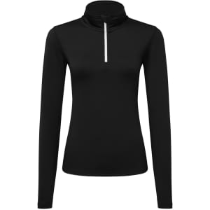 A black long sleeve top with a brushed back finish and a 1/4 zip collar. Features a small branding logo.