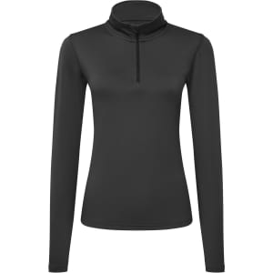 A black long sleeve brushed back 1/4 zip top with a collar, featuring a logo.