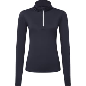 A navy long sleeve top with a brushed back texture and a white 1/4 zip collar, featuring a logo.