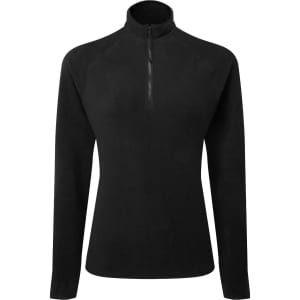 A black active-fitted fleece with a zippered collar and long sleeves. Features a logo on the garment.