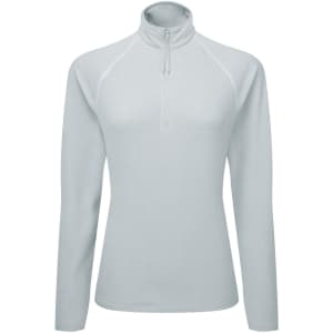A light grey active-fitted fleece pullover with a zip collar and long sleeves, featuring a logo.