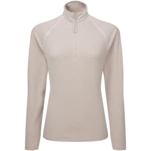 A light beige active-fitted fleece with a zip neck and long sleeves. It features a logo on the front.