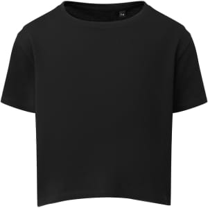 A black kids' boxy T-shirt with short sleeves and a round neckline. It features a logo on the label.