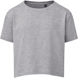 A grey kids' boxy T-shirt with a round neckline and short sleeves. It features a logo on the label.