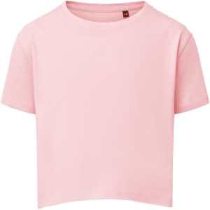 A pink kids' boxy T-shirt with short sleeves and a round neckline. It has a branding label on the collar.