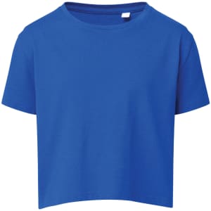 A blue kids' boxy T-shirt with short sleeves and a simple design. The shirt features a tag at the neckline.