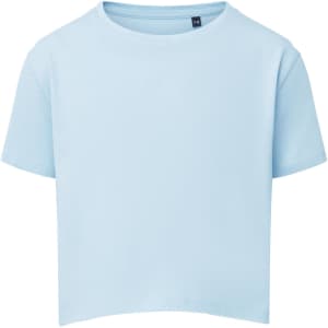 A light blue kids' boxy T-shirt with short sleeves and a crew neckline, featuring a logo tag.