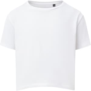 A white boxy t-shirt for kids with short sleeves and a simple design. It features a logo on the collar.