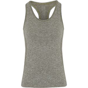 A grey sports vest featuring a racerback design and a textured fabric. The product includes a logo.