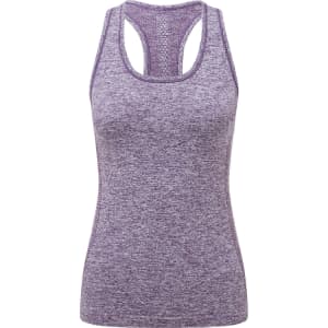 A purple seamless sports vest featuring a tank top design and a racerback style. It has a logo on the front.