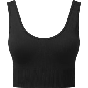 A black ribbed seamless sport bra with a scoop neckline and wide straps. It features a fitted design.