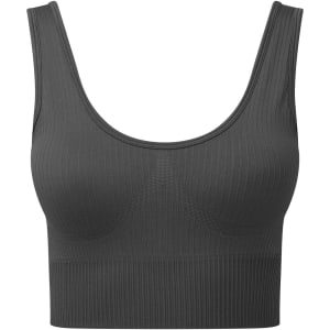 A ribbed seamless sport bra in dark grey featuring a scoop neckline and a fitted design. It includes a logo.