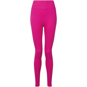 Bright pink seamless leggings with a high waistband and a smooth design, featuring a logo.