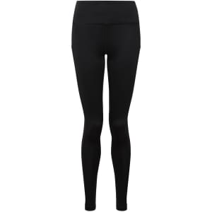 Black performance leggings featuring pockets and a fitted design. The product has a branding logo on the waistband.