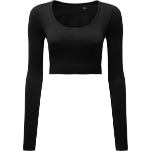 A black ribbed seamless crop top with long sleeves and a rounded neckline, featuring a logo.