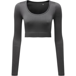 A ribbed, seamless, long-sleeve crop top in dark grey with a rounded neckline and fitted design.