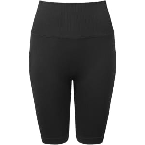 Black ribbed seamless cycle shorts with a high waist and pockets. Features a logo on the waistband.