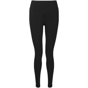 Black outdoor leggings made from recycled materials, featuring a high waist design and a logo.