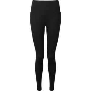 Black leggings with a high waistband, featuring a smooth finish and a logo on the waistband.