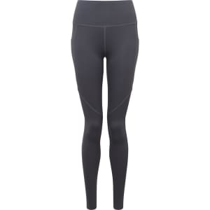A pair of grey leggings with a high waistband and side pockets. The design features subtle seam detailing.