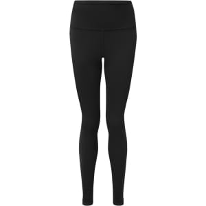 A pair of black leggings featuring a high waistband and a simple, sleek design. There is a logo present.