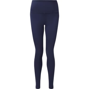 Navy blue performance leggings made from recycled materials, featuring a high waistband and a smooth finish.