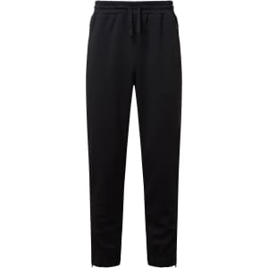 Black joggers with a drawstring waist and tapered legs, featuring pockets and a logo.