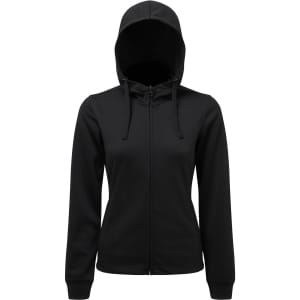 A black full-zip hoodie with a hood, featuring a front zip and long sleeves. Includes a logo.