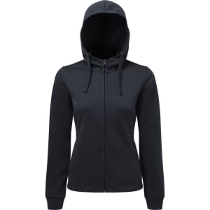 A full-zip hoodie in black with a hood, featuring long sleeves and a simple design. It has a logo.