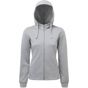 A grey full-zip hoodie with a hood and long sleeves. It features a logo on the front.