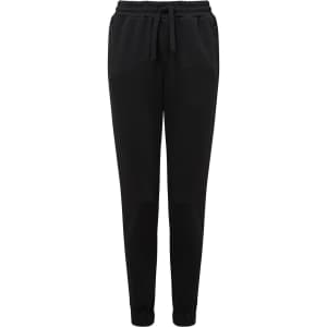 Black joggers with an elastic waistband and drawstring, featuring a tapered leg design and a small logo.