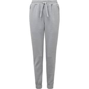 A pair of grey joggers with a drawstring waist and elastic cuffs, featuring side pockets and a logo.