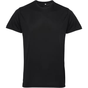 A black performance T-shirt made from recycled materials, featuring a logo on the front.