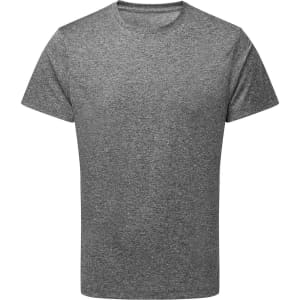 A grey performance T-shirt made from recycled materials, featuring a standard crew neck and short sleeves.