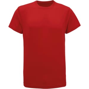 A red recycled performance T-shirt displayed on a plain background, featuring a logo on the front.