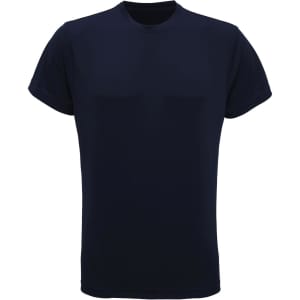 A navy recycled performance T-shirt with short sleeves and a simple design, featuring a logo.