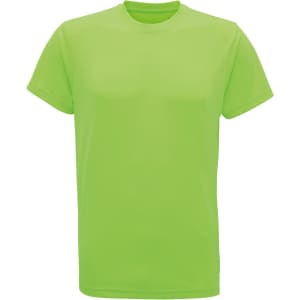 A bright green recycled performance t-shirt with a classic crew neckline. It features a branding logo.