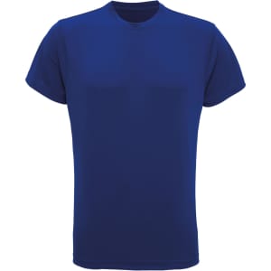 A blue recycled performance T-shirt with short sleeves and a round neckline. It features a logo on the front.
